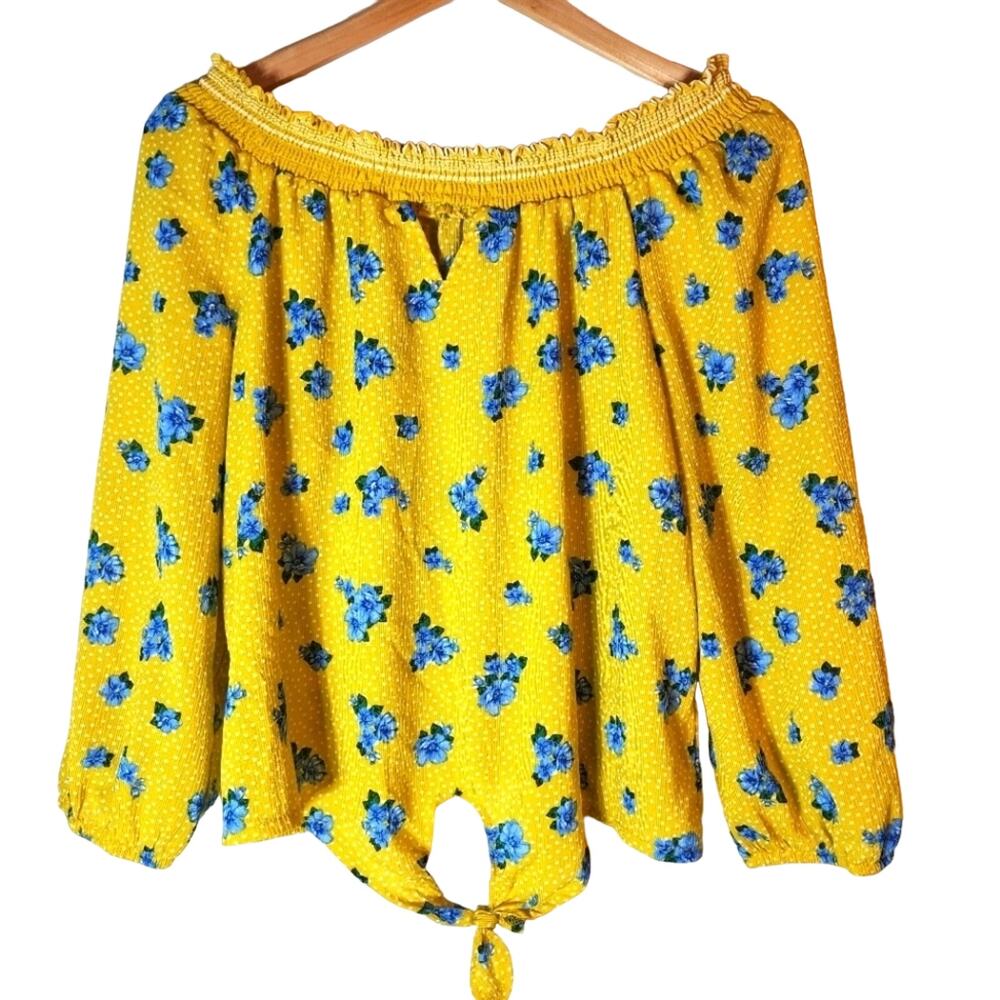 Yellow Off the Shoulder Blue Floral Peasant Blouse Size Large Juniors